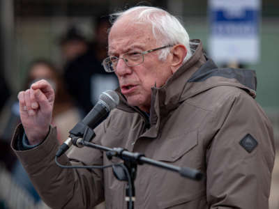 Sen. Bernie Sanders speaks to striking Kellogg's workers in downtown Battle Creek, Michigan, on December 17, 2021.