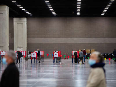 Voters can be seen at booths as people waiting in line in the foreground