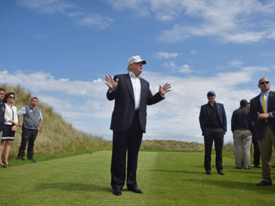 Presumptive Republican nominee for president Donald Trump visits Trump International Golf Links on June 25, 2016, in Aberdeen, Scotland.