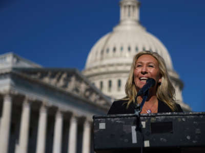 Rep. Marjorie Taylor Greene speaks during a press conference outside the U.S. Capitol on February 5, 2021, in Washington, D.C.