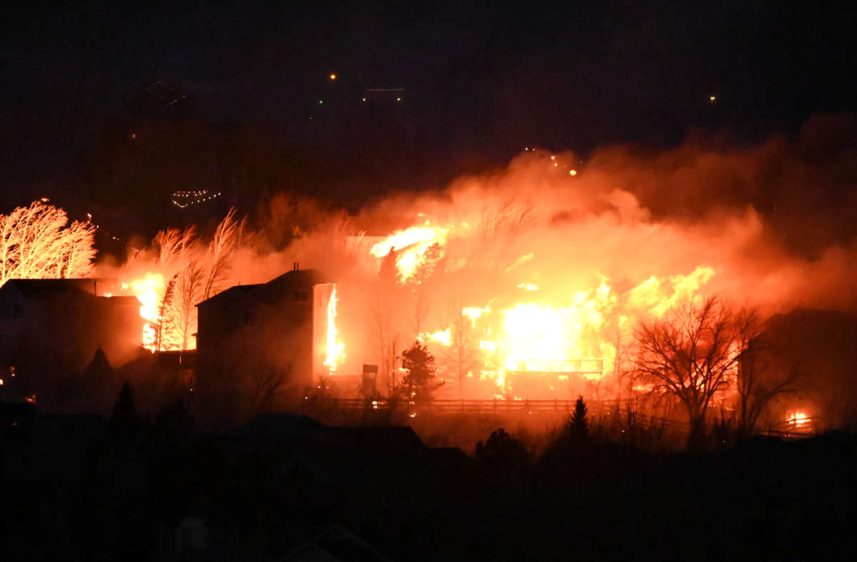 The Marshall Fire continues to burn out of control on December 30, 2021, in Broomfield, Colorado.