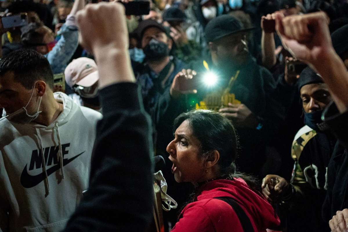 Seattle City Council member Kshama Sawant speaks as demonstrators hold a rally outside of the Seattle Police Department's East Precinct on June 8, 2020 in Seattle, Washington.