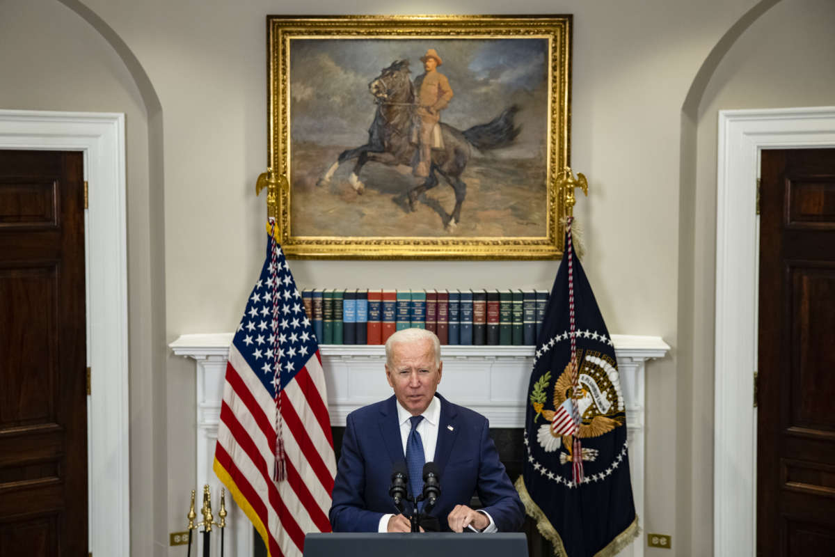 President Joe Biden speaks in the Roosevelt Room on the continuing situation in Afghanistan and the developments of Hurricane Henri at the White House on August 22, 2021, in Washington, D.C.