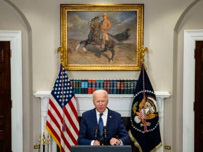 President Joe Biden speaks in the Roosevelt Room on the continuing situation in Afghanistan and the developments of Hurricane Henri at the White House on August 22, 2021, in Washington, D.C.