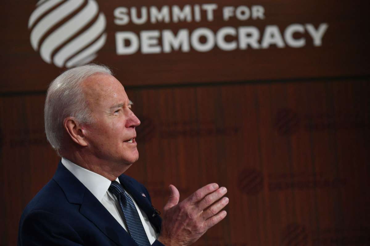 President Joe Biden speaks to representatives of more than 100 countries during a virtual "Democracy Summit" at the White House in Washington D.C., on December 9, 2021.
