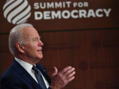 President Joe Biden speaks to representatives of more than 100 countries during a virtual "Democracy Summit" at the White House in Washington D.C., on December 9, 2021.