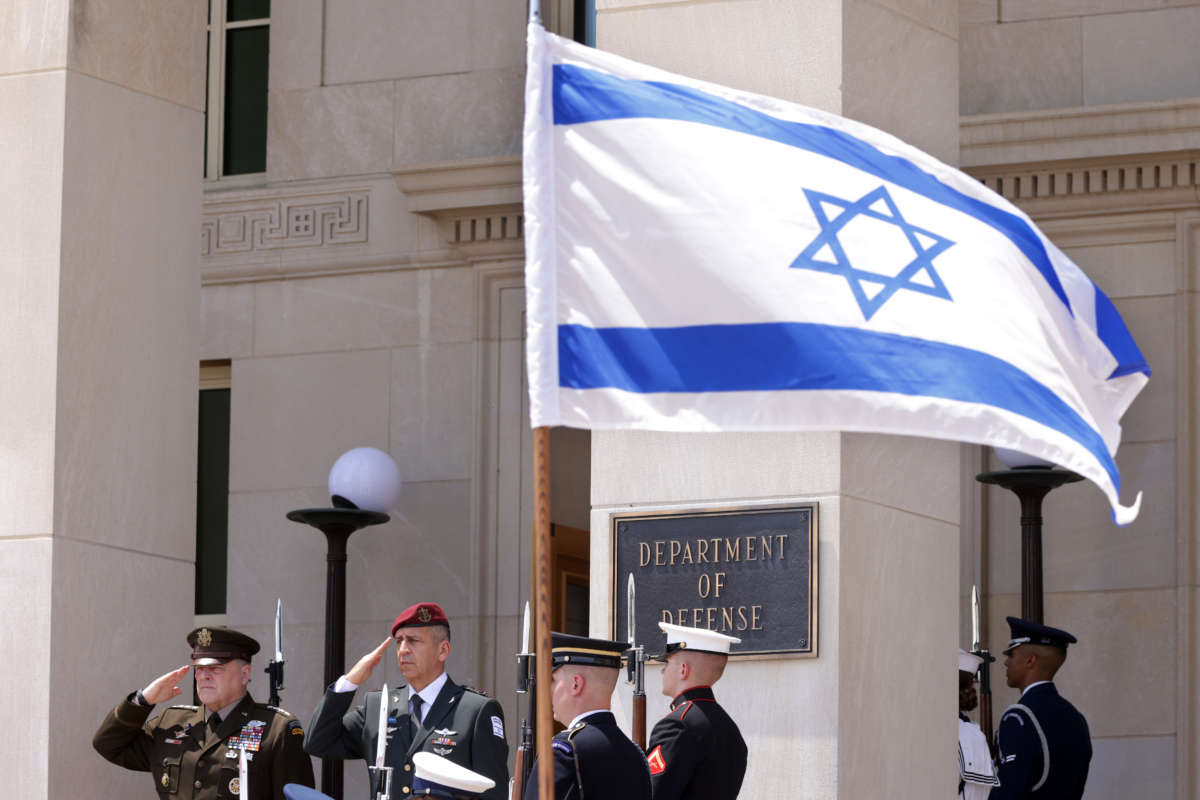 U.S. Chairman of the Joint Chiefs of Staff Gen. Mark Milley (left) participates in an enhanced honor cordon to welcome Israeli Chief of Defense and Deputy Prime Minister Benny Gantz (second from the left) at the Pentagon on June 21, 2021n in Arlington, Virginia. Gantz was in Washington for talks with officials at the Pentagon.