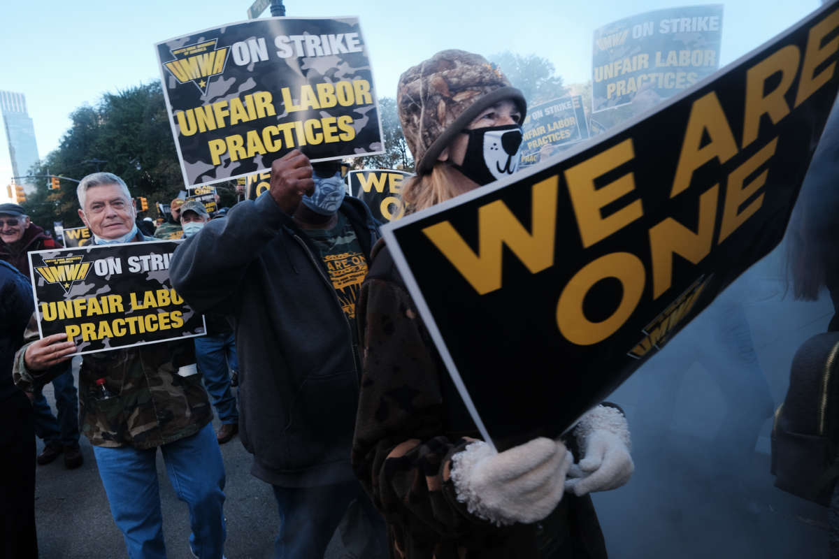 Hundreds of members of the United Mine Workers of America march to the Manhattan headquarters of BlackRock, the largest shareholder in the mining company Warrior Met Coal, on November 4, 2021, in New York City.