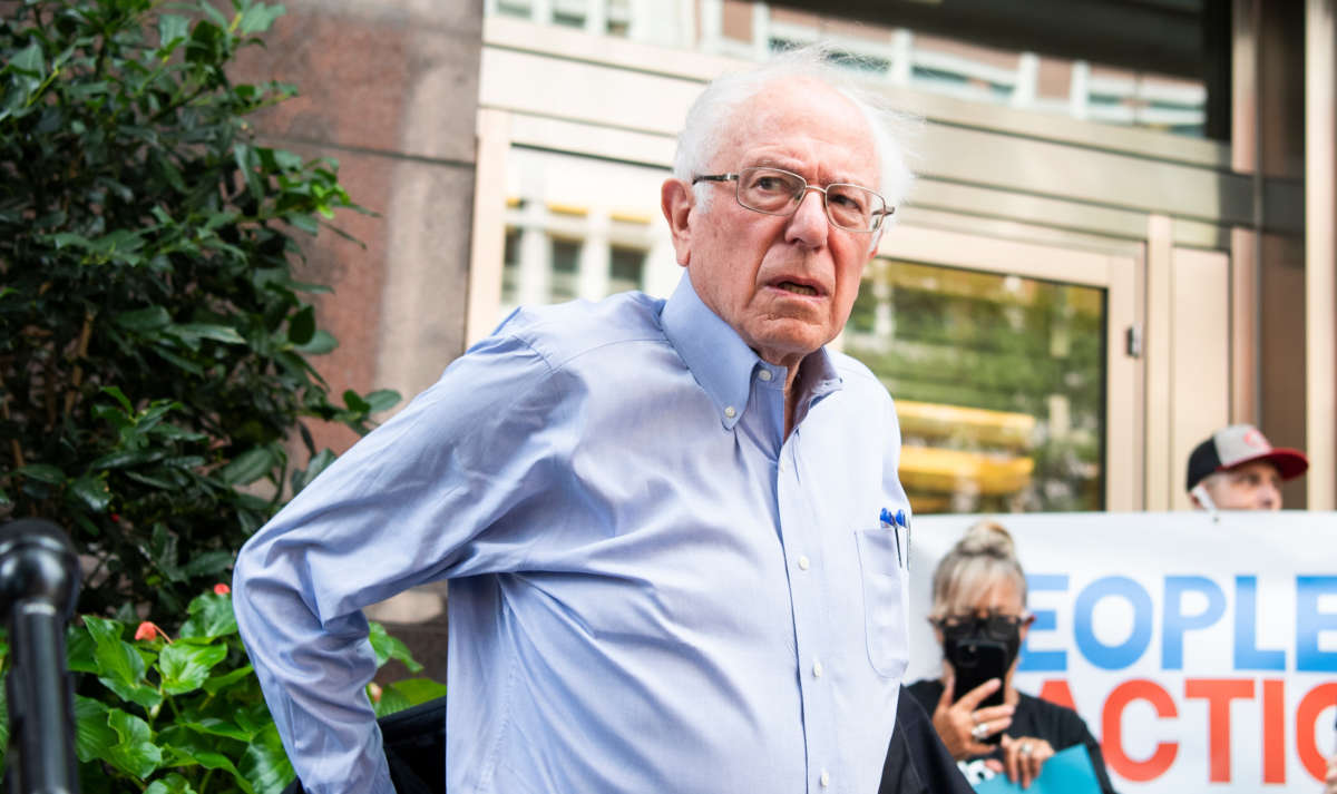 Sen. Bernie Sanders speaks during a rally with Peoples Action in front of PhRMAs Washington office on September 21, 2021.