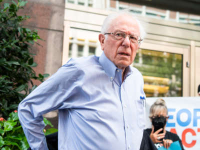 Sen. Bernie Sanders speaks during a rally with Peoples Action in front of PhRMAs Washington office on September 21, 2021.