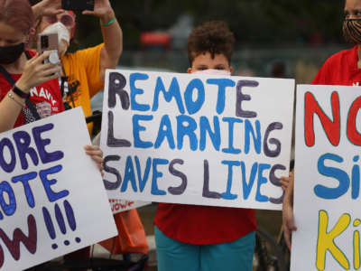 Chicago Public School teachers, parents and students protest in the neighborhood of Mayor Lori Lightfoot on September 13, 2021, in Chicago, Illinois.