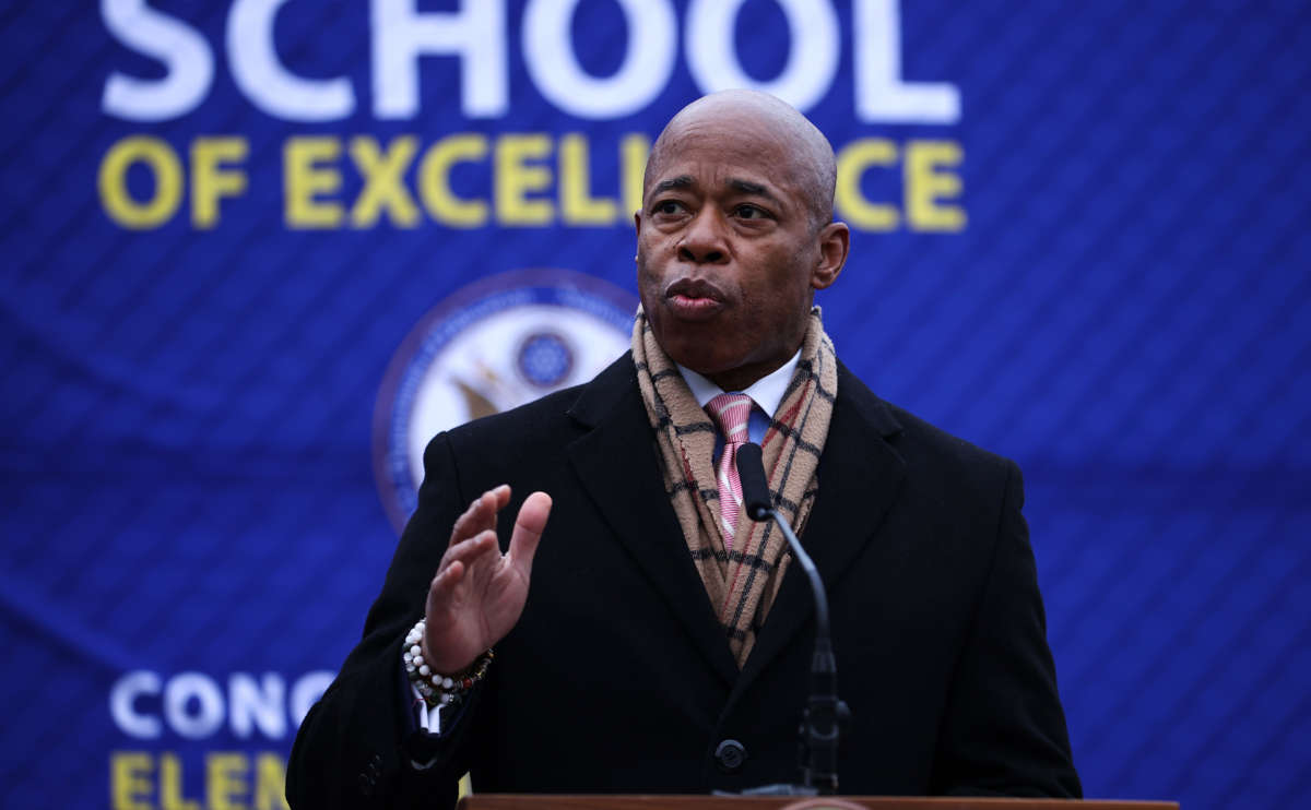 Mayor Eric Adams speaks at Concourse Village Elementary School in Bronx of New York City on January 3, 2021.