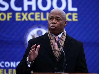 Mayor Eric Adams speaks at Concourse Village Elementary School in Bronx of New York City on January 3, 2021.