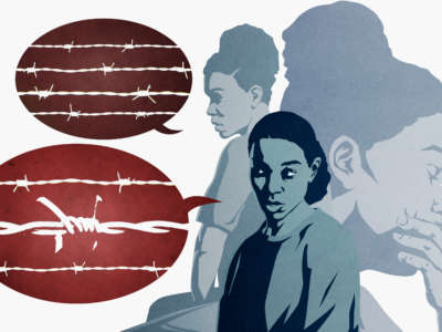 Illustration of three Black women prisoners — one covers her mouth, the other speak with their dialogue balloons wrapped in barbed wire