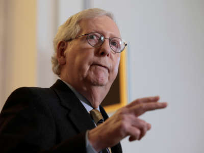 Senate Minority Leader Mitch McConnell speaks to reporters following a Senate Republican Policy Luncheon on Capitol Hill on January 4, 2022, in Washington, D.C.