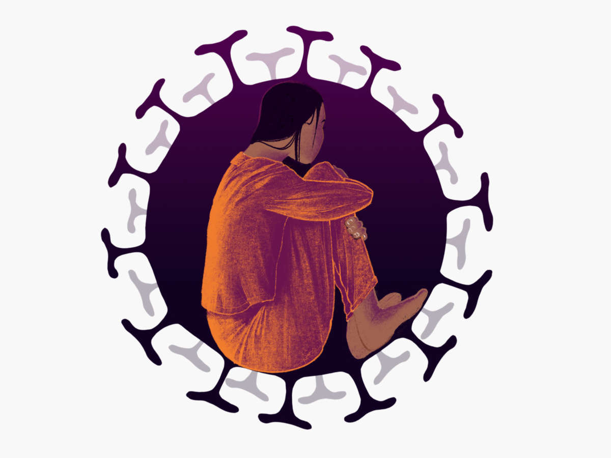 An illustration of a prisoner curled up within the silhouette of a covid-19 particle