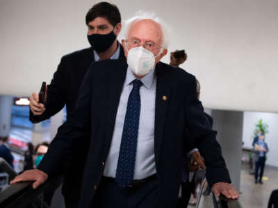 Sen. Bernie Sanders makes his way to the Senate Demcrats luncheon on October 19, 2021.