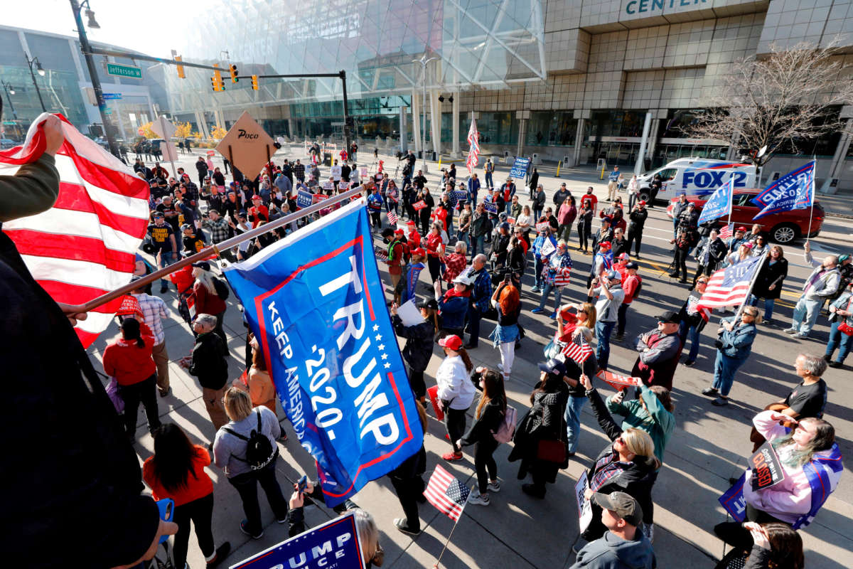 Trump supporters demonstrate outside of the TCF Center to protest the counting of votes for the 2020 general election on November 6, 2020, in Detroit, Michigan.