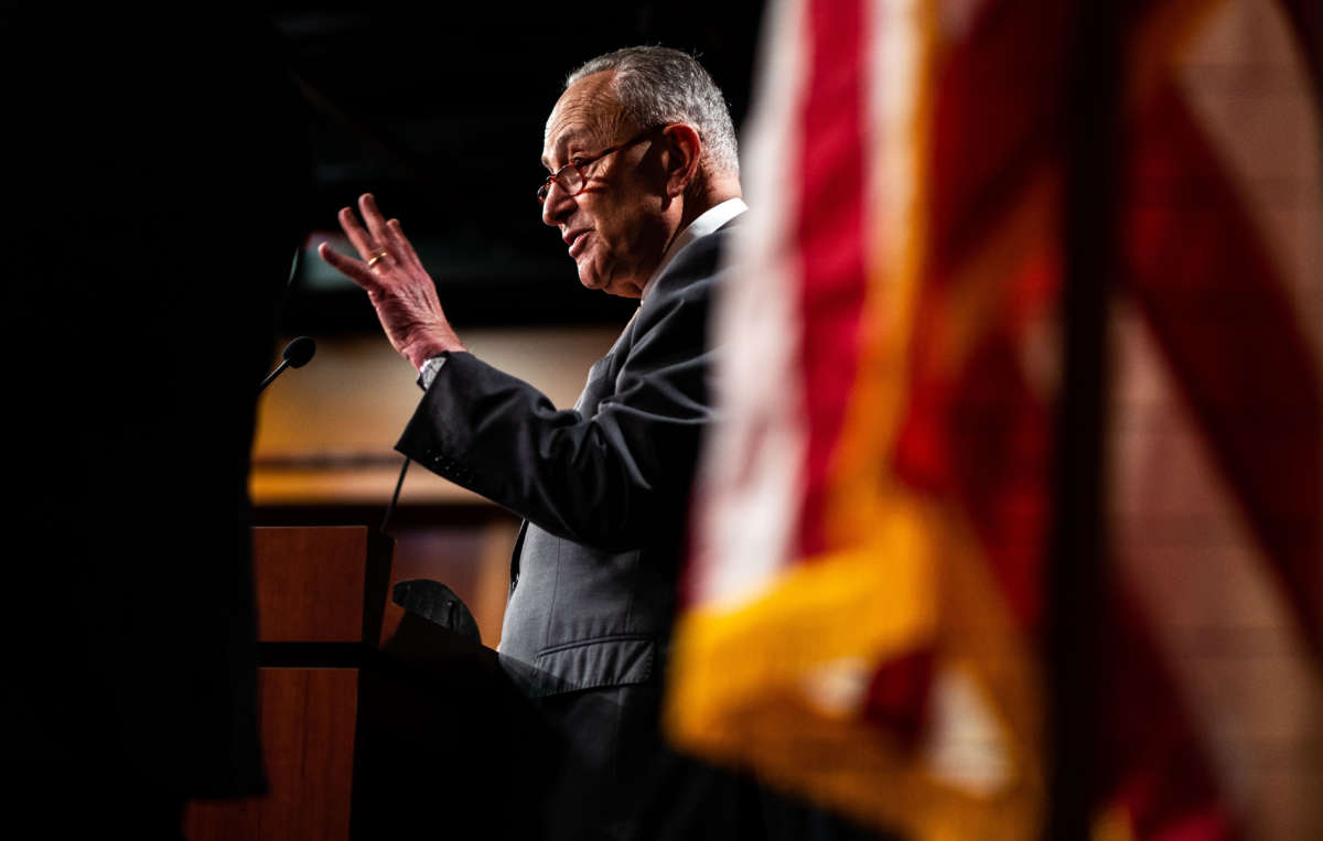 Senate Majority Leader Chuck Schumer speaks during a news conference on Capitol Hill on January 4, 2022 in Washington, D.C.