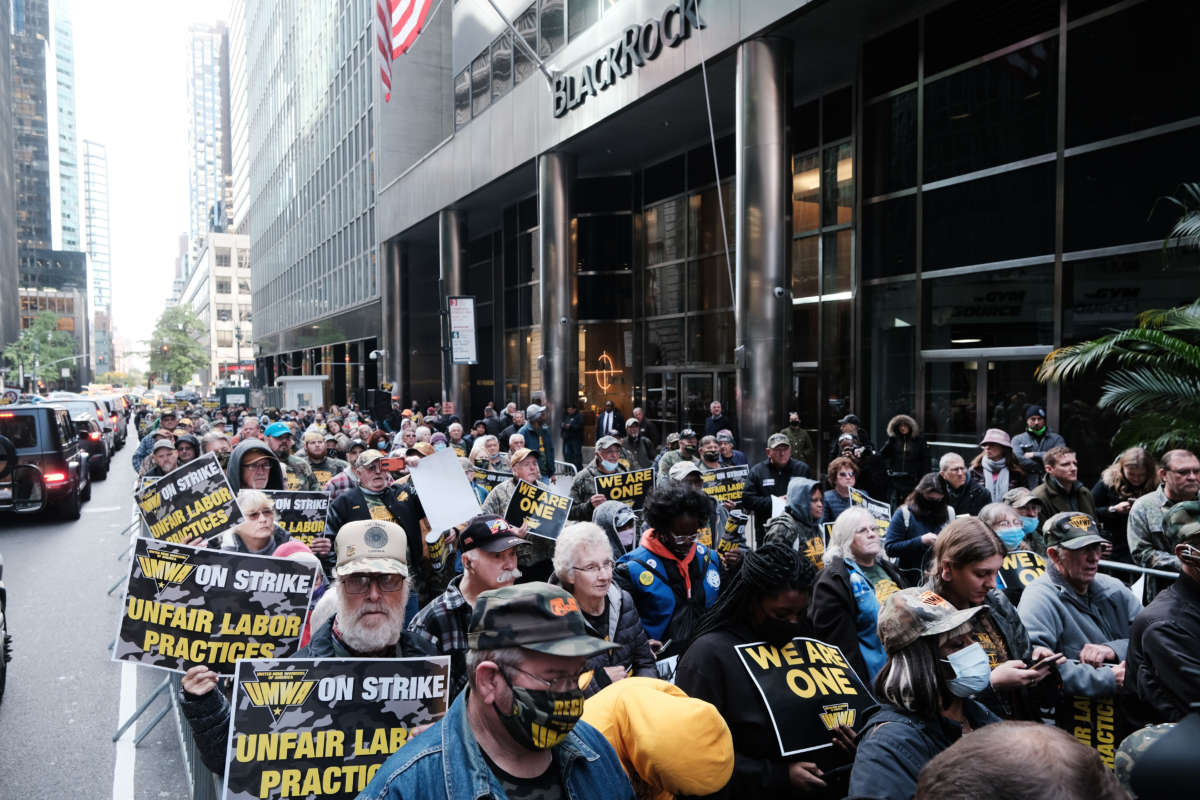 Hundreds of members of the United Mine Workers of America (UMWA) march to the Manhattan headquarters of BlackRock, the largest shareholder in the mining company Warrior Met Coal, on November 4, 2021, in New York City.