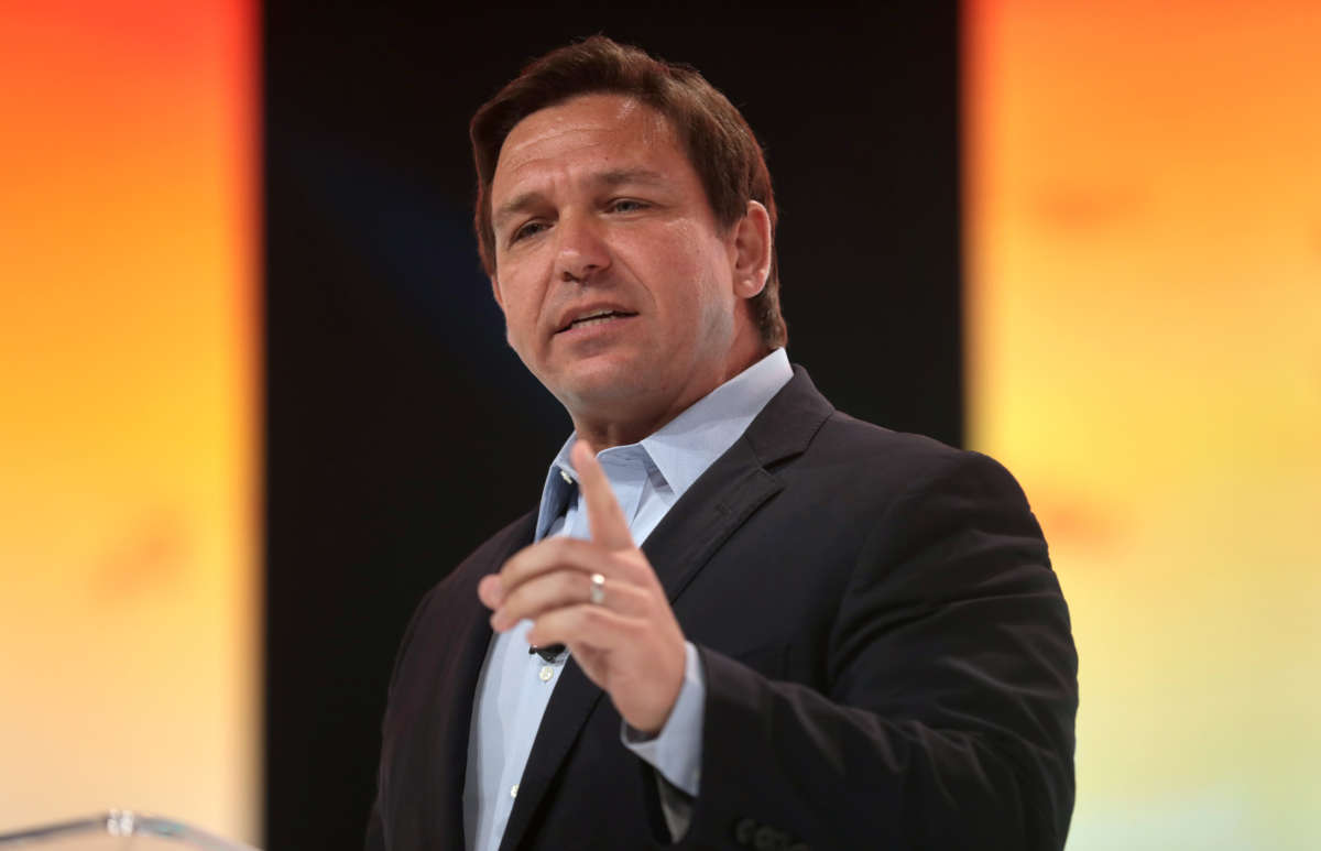 Gov. Ron DeSantis speaks with attendees at the 2021 Student Action Summit hosted by Turning Point USA at the Tampa Convention Center in Tampa, Florida, on July 18, 2021.