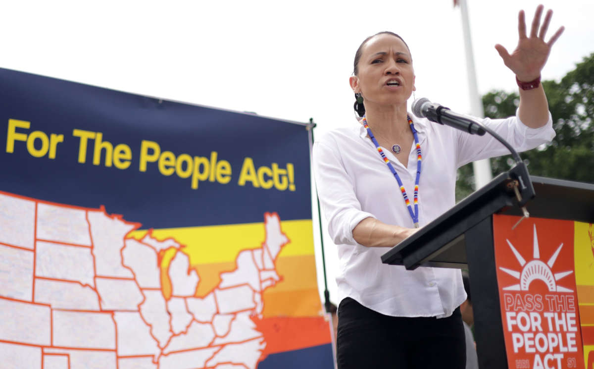 Rep. Sharice Davids speaks during a rally in front of the U.S. Supreme Court on June 9, 2021, in Washington, D.C. Leaders of the Kansas legislature have openly stated their goal to gerrymander her out of Congress.