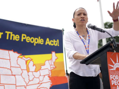 Rep. Sharice Davids speaks during a rally in front of the U.S. Supreme Court on June 9, 2021, in Washington, D.C. Leaders of the Kansas legislature have openly stated their goal to gerrymander her out of Congress.