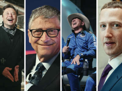 Portraits of Elon Musk, Bill Gates, Jeff Bezos and Mark Zuckerberg
