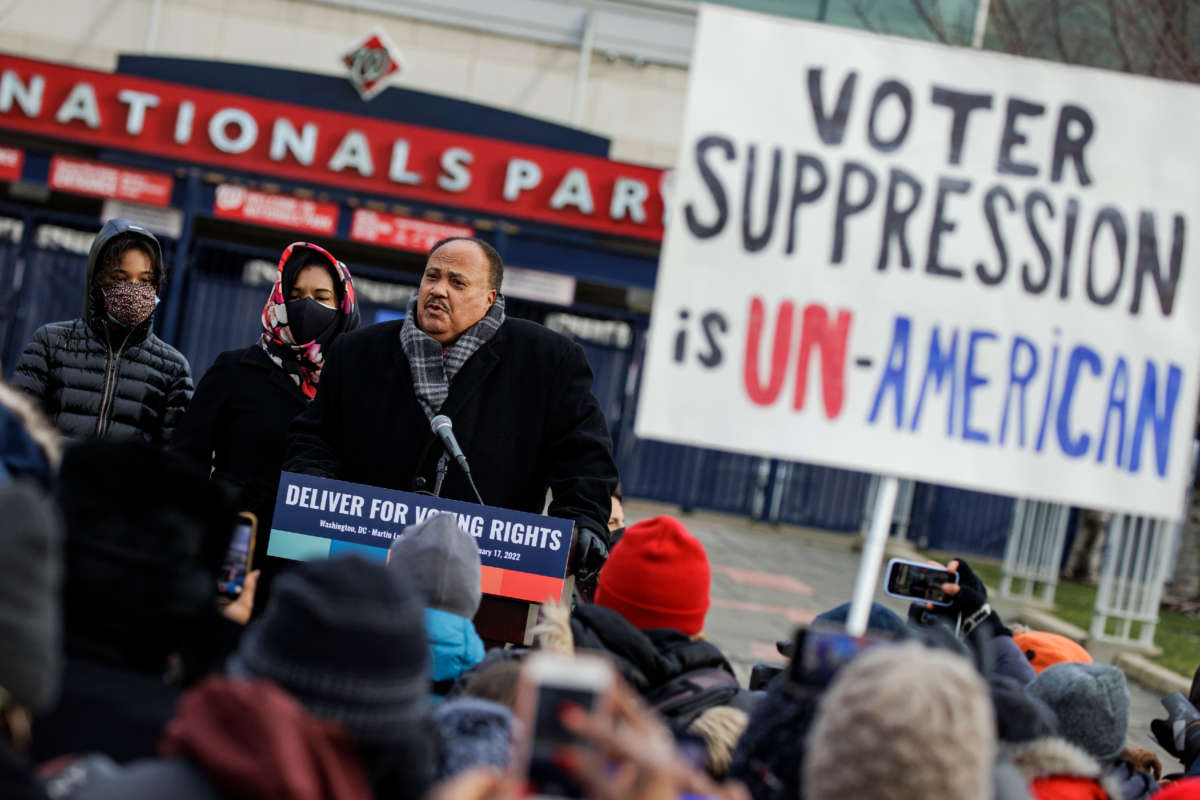 Martin Luther King III, eldest son of civil rights leader Dr. Martin Luther King Jr., speaks before the annual D.C. Peace Walk: Change Happens with Good Hope and a Dream for Dr. Martin Luther King Day on January 17, 2022, in Washington, D.C.