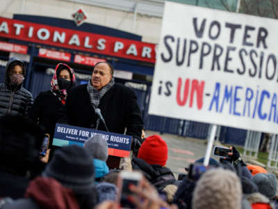 Martin Luther King III, eldest son of civil rights leader Dr. Martin Luther King Jr., speaks before the annual D.C. Peace Walk: Change Happens with Good Hope and a Dream for Dr. Martin Luther King Day on January 17, 2022, in Washington, D.C.