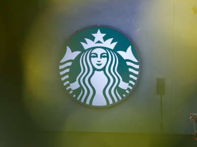 The Starbucks logo is displayed on the exterior of a store on October 29, 2021, in San Francisco, California.