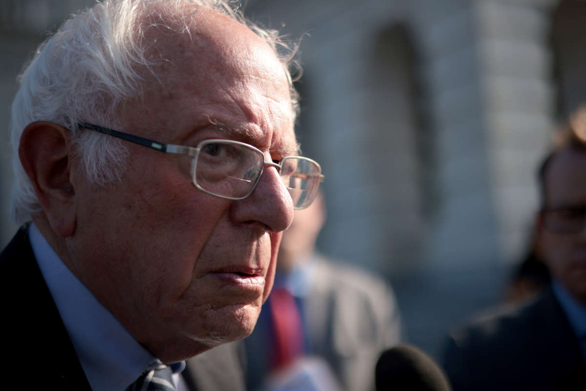 Sen. Bernie Sanders answers questions from reporters at the Capitol on July 12, 2021, in Washington, D.C.