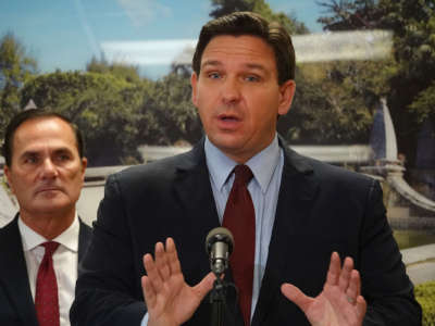 Florida Gov. Ron DeSantis speaks during a news conference in West Palm Beach, Florida, on January 6, 2022.