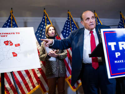 Rudolph Giuliani, attorney for President Donald Trump, conducts a news conference along with Sidney Powell at the Republican National Committee on lawsuits regarding the outcome of the 2020 presidential election on November 19, 2020.