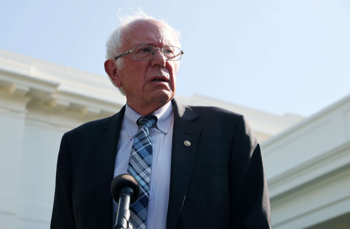 Senate Budget Committee Chairman Bernie Sanders talks to reporters outside the West Wing following a meeting with President Joe Biden at the White House on July 12, 2021, in Washington, D.C.