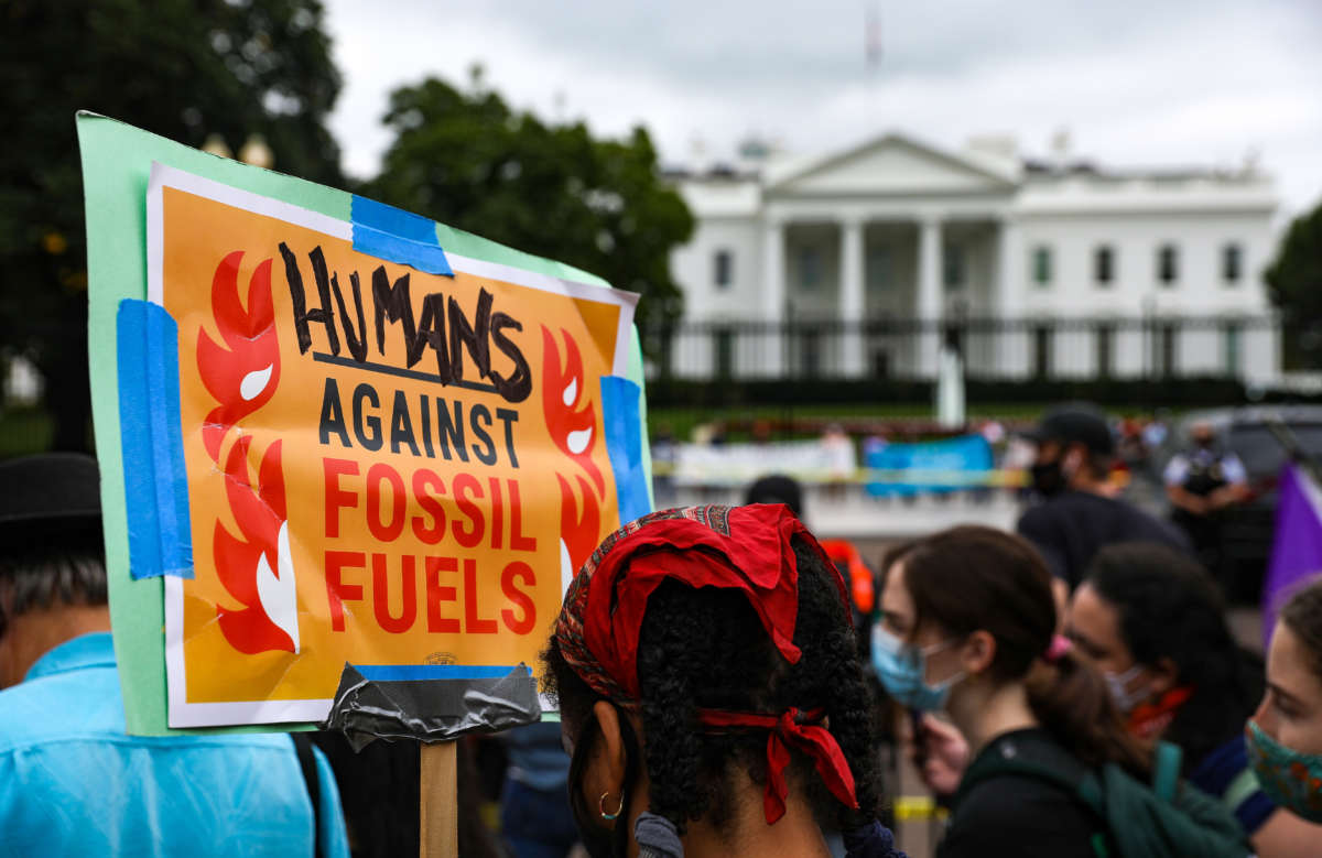 Native and other environmentalist groups gather outside the White House on the third day of People vs. Fossil Fuels protests in Washington, D.C., on October 13, 2021.