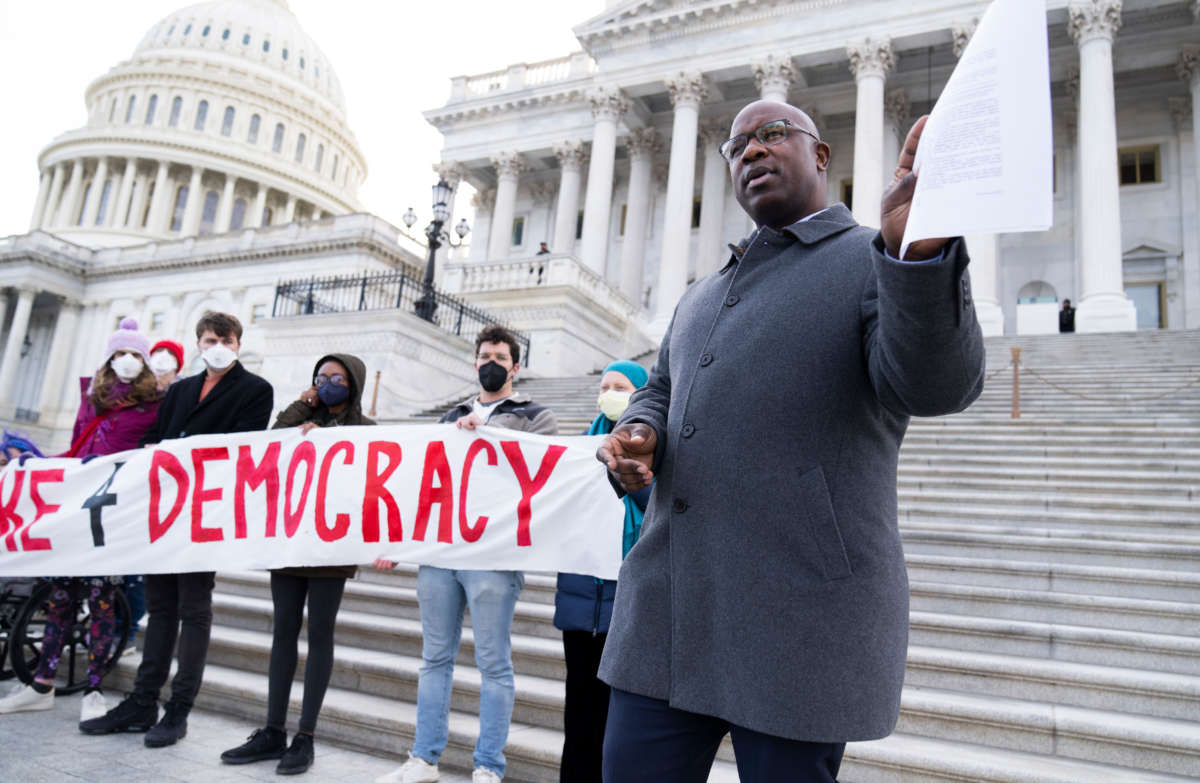 Rep. Jamaal Bowman, D-N.Y holds a rally outside the U.S. Capitol to urge the Senate to pass voting rights legislation on January 19, 2022.