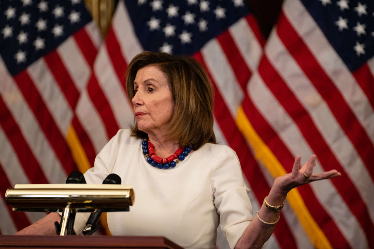 Speaker of the House Nancy Pelosi talks to reporters during her weekly news conference on Capitol Hill on January 20, 2022, in Washington, D.C.