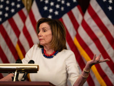 Speaker of the House Nancy Pelosi talks to reporters during her weekly news conference on Capitol Hill on January 20, 2022, in Washington, D.C.