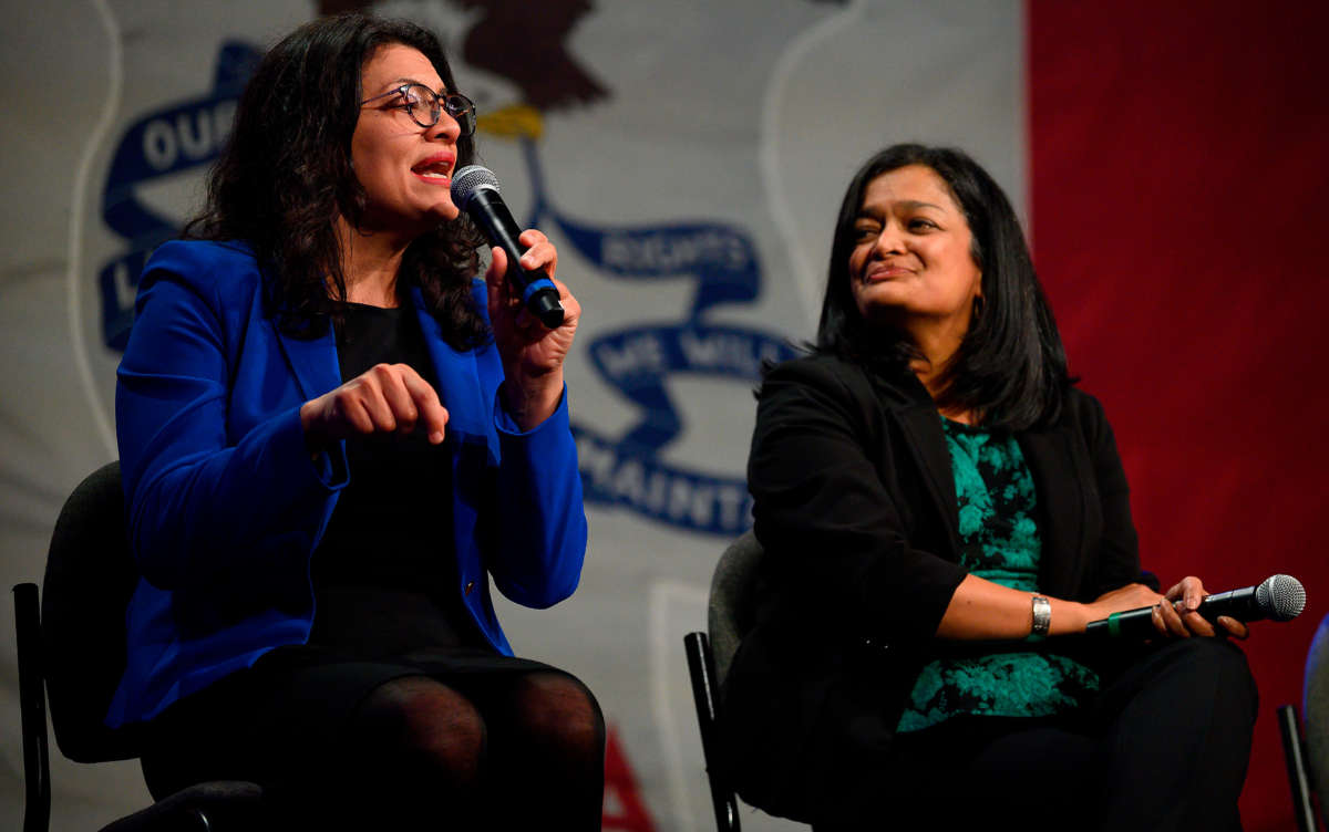 Representatives Rashida Tlaib, left, and Pramila Jayapal speak at a campaign event in Clive, Iowa, on January 31, 2020.