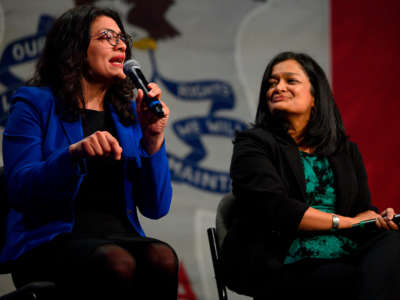 Representatives Rashida Tlaib, left, and Pramila Jayapal speak at a campaign event in Clive, Iowa, on January 31, 2020.