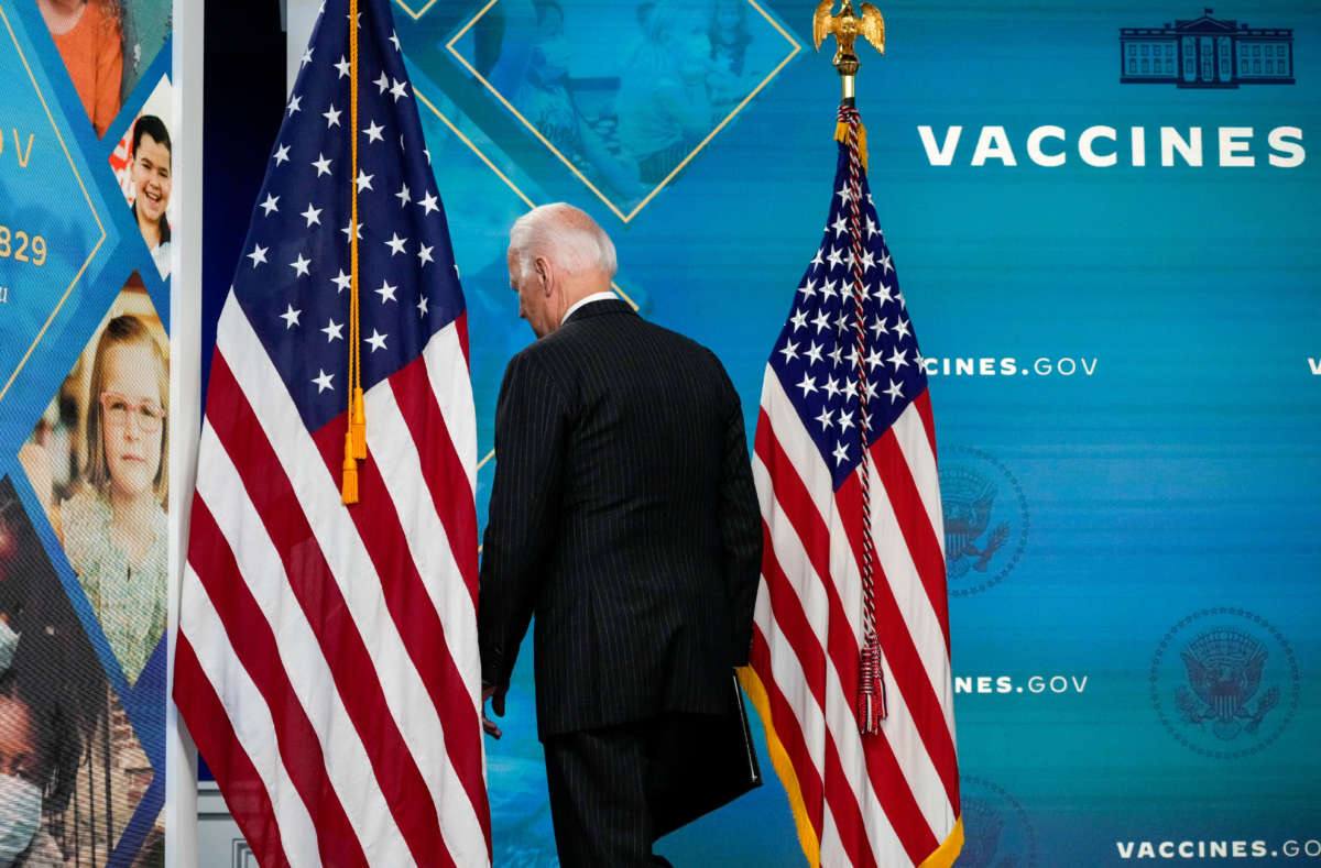 President Joe Biden departs after speaking about the authorization of the COVID-19 vaccine for children ages 5-11, in the South Court Auditorium on the White House campus on November 3, 2021, in Washington, D.C.