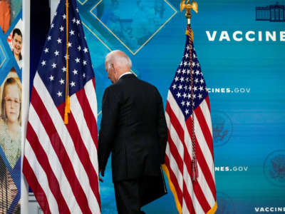 President Joe Biden departs after speaking about the authorization of the COVID-19 vaccine for children ages 5-11, in the South Court Auditorium on the White House campus on November 3, 2021, in Washington, D.C.