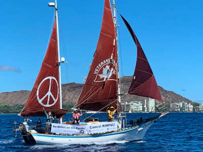 Golden Rule anti-nuclear boat sails in San Diego Bay, April 1, 2019.