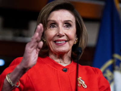 Speaker of the House Nancy Pelosi conducts her weekly news conference in the Capitol Visitor Center on December 8, 2021.