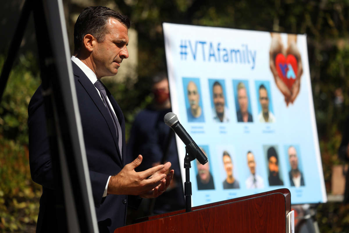 San Jose Mayor Sam Liccardo speaks during a press conference honoring nine people killed during a mass shooting, on May 27, 2021, in San Jose, California.