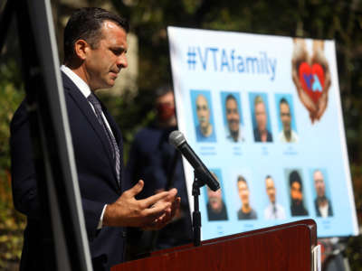 San Jose Mayor Sam Liccardo speaks during a press conference honoring nine people killed during a mass shooting, on May 27, 2021, in San Jose, California.