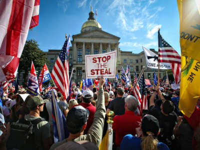 Hundreds of Trump supporters and gather near the Capitol Building for the Stop the Steal Rally in Atlanta, Georgia, on November 21, 2022.