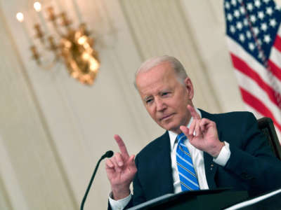 President Joe Biden speaks during a meeting with private sector CEOs in the State Dining Room of the White House in Washington, D.C., on January 26, 2022.