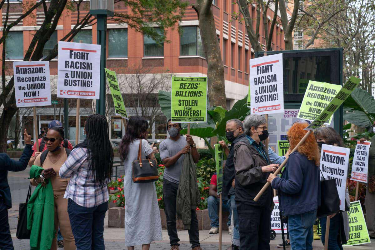 Supporters of organizing a union at Amazon Staten Island warehouse rally in front of the field office of National Labor Relations Board (NLRB) located at 2 MetroTech in New York City on October 25, 2021.